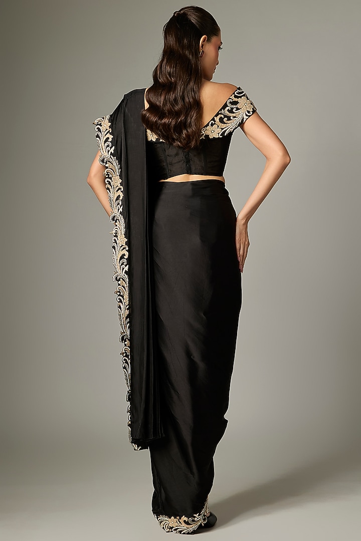 Black Silk Satin Hand Embroidered Draped SKirt Reception Saree Set by Rashi Kapoor at Pernia's Pop Up Shop
