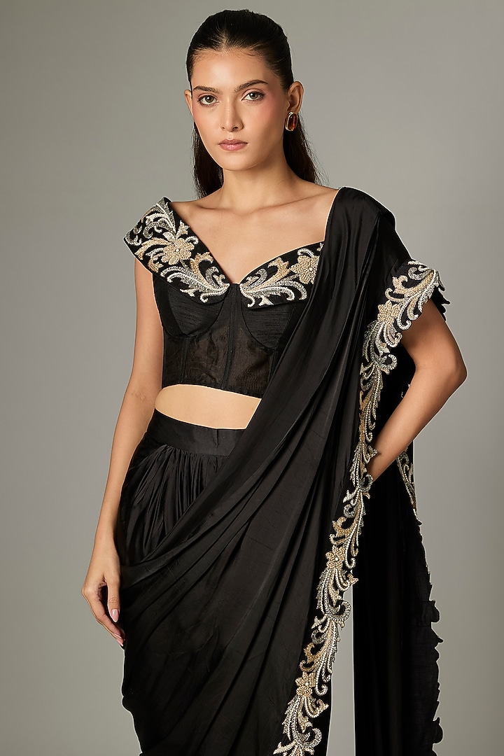 Black Silk Satin Hand Embroidered Draped SKirt Reception Saree Set by Rashi Kapoor at Pernia's Pop Up Shop