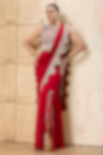 Red Georgette Embroidered Draped Reception Saree Set by Rashi Kapoor at Pernia's Pop Up Shop