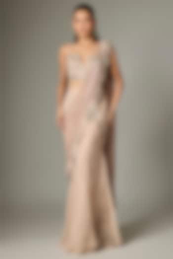 Taupe Georgette Embroidered Draped Reception Saree Set by Rashi Kapoor at Pernia's Pop Up Shop