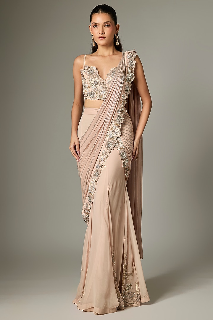 Taupe Georgette Embroidered Draped Reception Saree Set by Rashi Kapoor at Pernia's Pop Up Shop