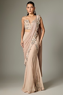 Taupe Georgette Embroidered Draped Saree Set by Rashi Kapoor-POPULAR PRODUCTS AT STORE