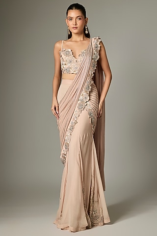 Taupe Georgette Embroidered Draped Saree Set by Rashi Kapoor