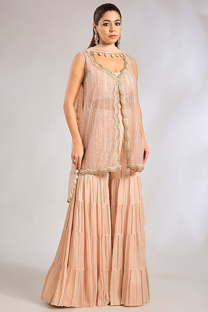 Taupe Crushed Chiffon Bridal Sharara Set by Rashi Kapoor at Pernia's Pop Up Shop