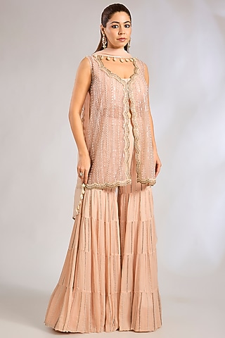 open lace back dress Sleeveless Sharara Dress : Shop Cream Party Wear Embroidery Suit – HATKE  BRIDE main image 1