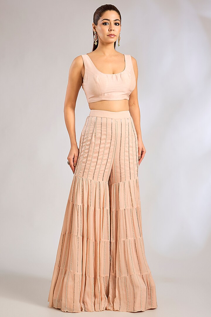 Taupe Crushed Chiffon Bridal Sharara Set by Rashi Kapoor at Pernia's Pop Up Shop
