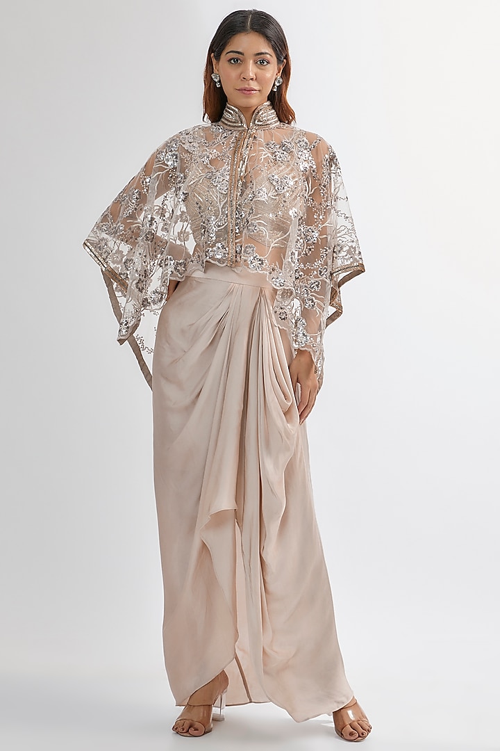 Light Taupe Silk Satin & Upada Draped Skirt Set by Rashi Kapoor