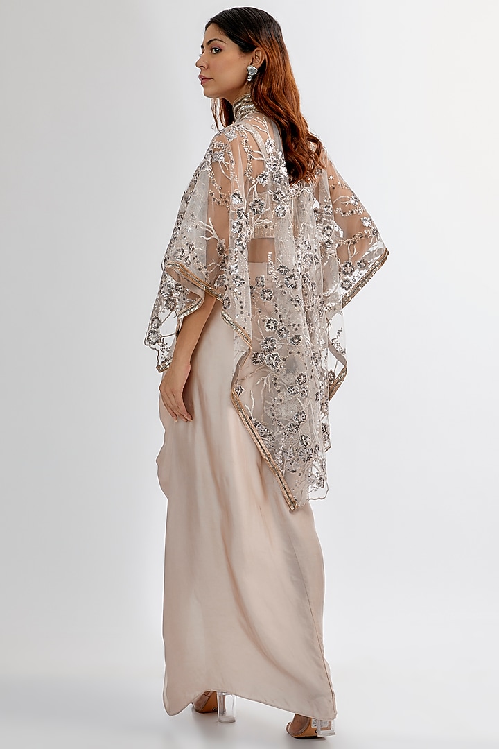 Light Taupe Silk Satin & Upada Draped Skirt Set by Rashi Kapoor at Pernia's Pop Up Shop