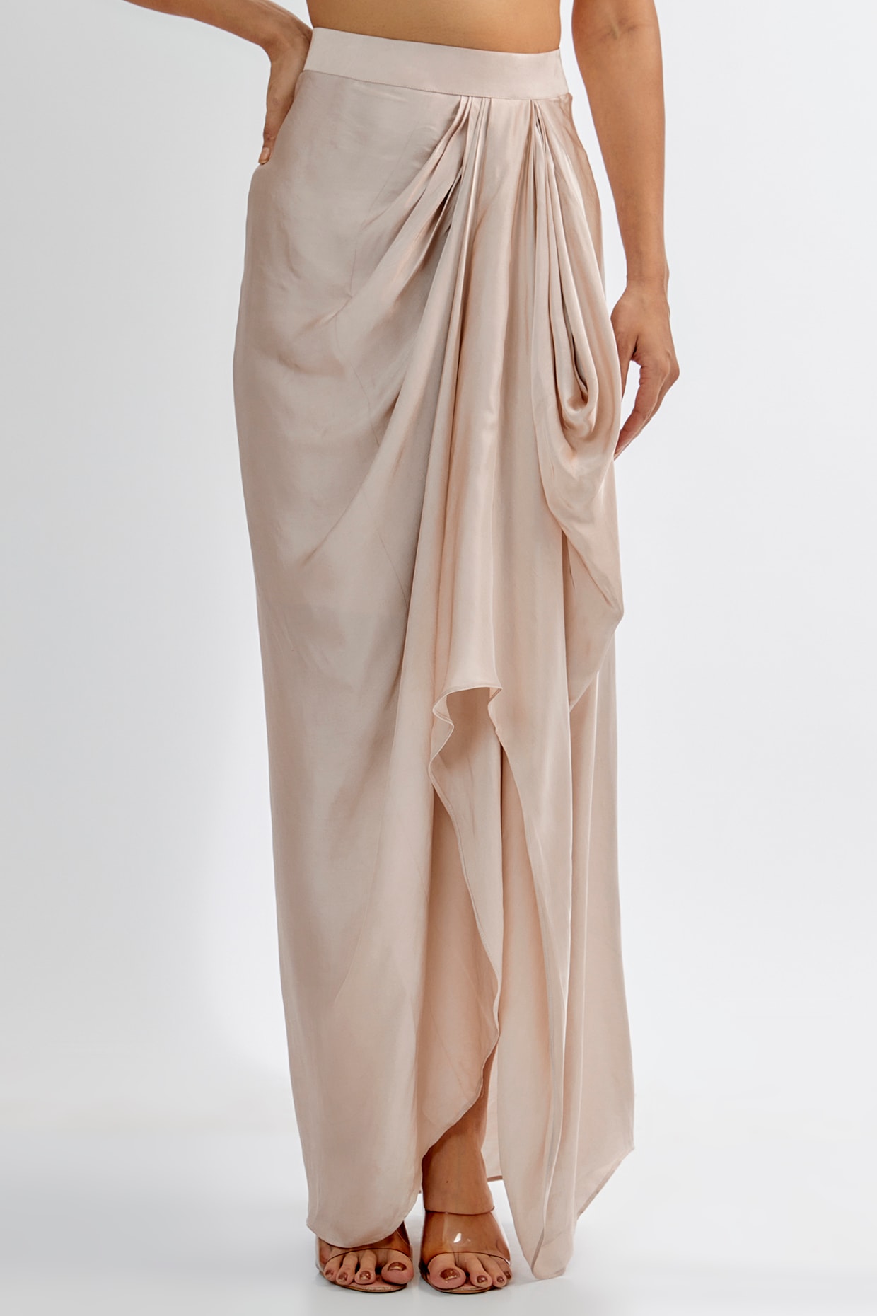 Light Taupe Silk Satin & Upada Draped Skirt Set by Rashi