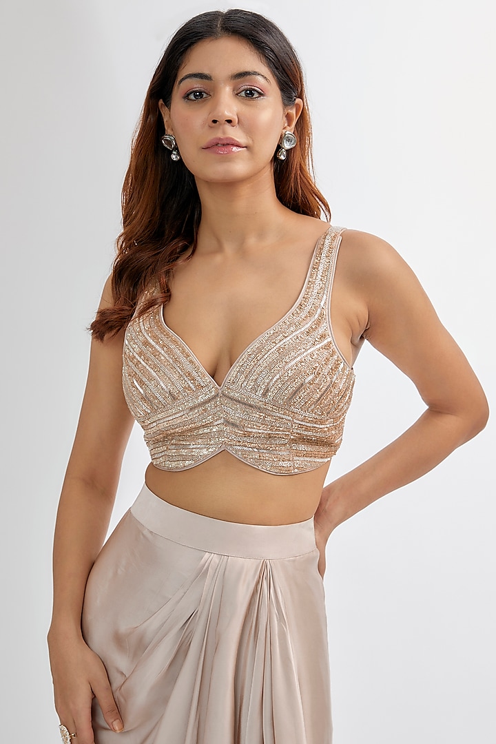 Light Taupe Silk Satin & Upada Draped Skirt Set by Rashi Kapoor at Pernia's Pop Up Shop