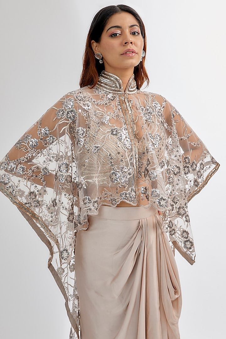 Light Taupe Silk Satin & Upada Draped Skirt Set by Rashi Kapoor at Pernia's Pop Up Shop
