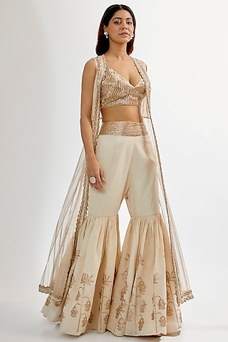 Ivory Upada & Mulmul Sharara Set by Rashi Kapoor