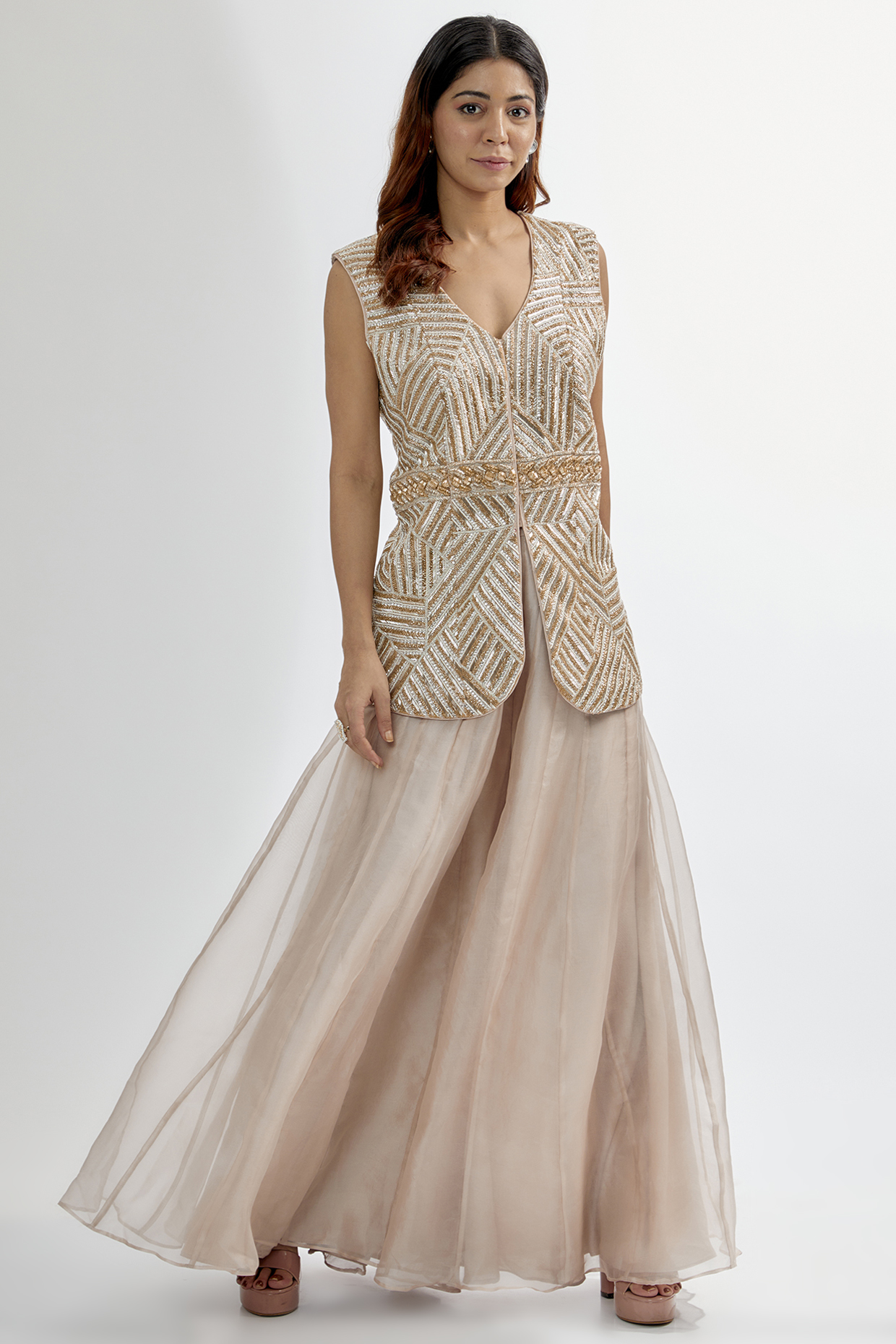 Taupe Organza & Upada Wedding Sharara Set by Rashi Kapoor at Pernia's Pop Up Shop