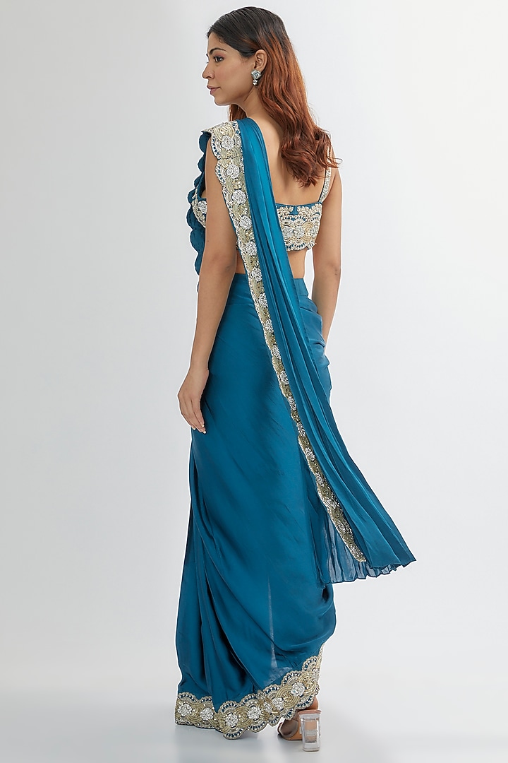 Teal Upada & Silk Satin Reception Saree Set by Rashi Kapoor at Pernia's Pop Up Shop