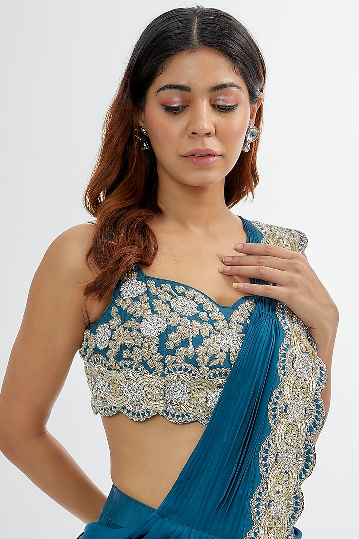 Teal Upada & Silk Satin Reception Saree Set by Rashi Kapoor at Pernia's Pop Up Shop