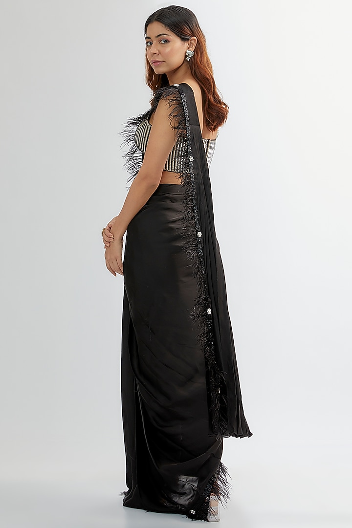 Black Upada & Silk Satin Reception Saree Set by Rashi Kapoor at Pernia's Pop Up Shop