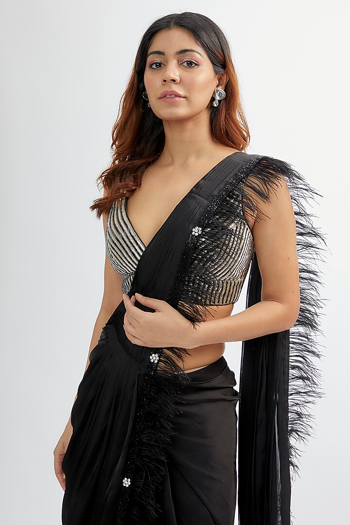 Black Upada & Silk Satin Reception Saree Set by Rashi Kapoor at Pernia's Pop Up Shop