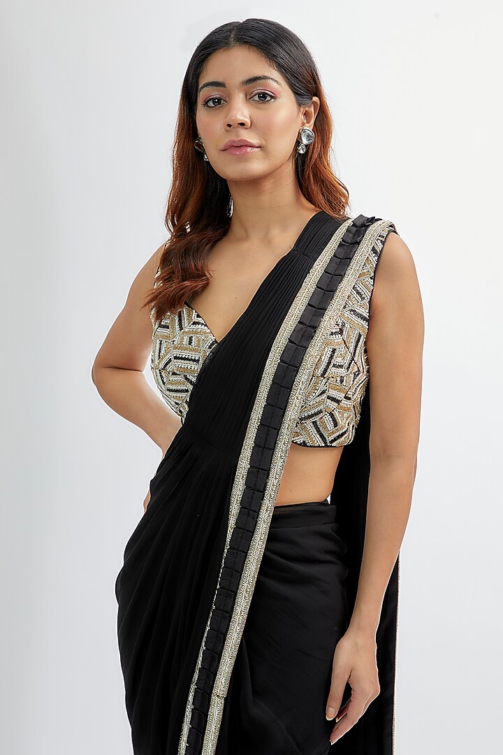 Black Upada & Georgette Reception Saree Set by Rashi Kapoor at Pernia's Pop Up Shop
