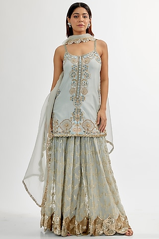 Powder Blue Upada & Georgette Sharara Set by Rashi Kapoor