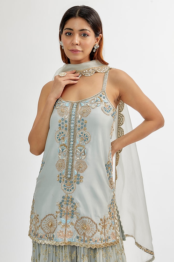 Powder Blue Upada & Georgette Bridal Sharara Set by Rashi Kapoor at Pernia's Pop Up Shop