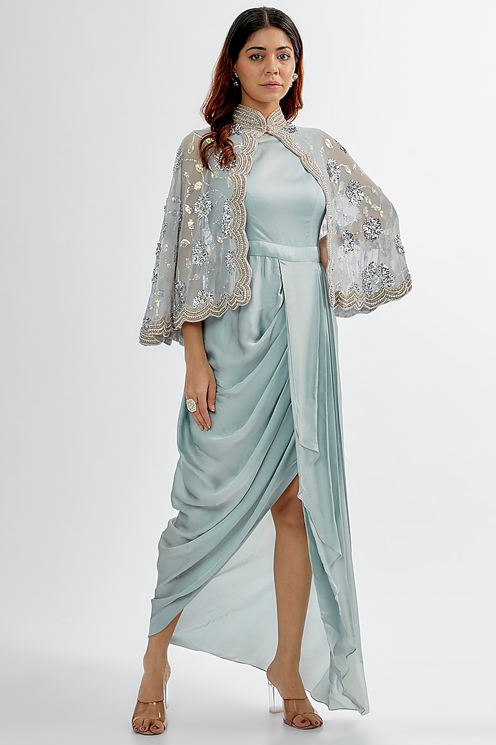Ash Blue Silk Satin & Net Gown With Cape by Rashi Kapoor