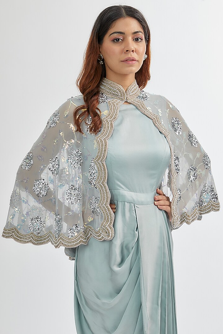 Ash Blue Silk Satin & Net Gown With Cape by Rashi Kapoor at Pernia's Pop Up  Shop 2026
