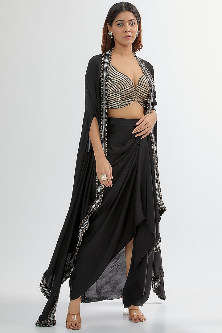 Black Upada & Silk Satin Skirt Set by Rashi Kapoor