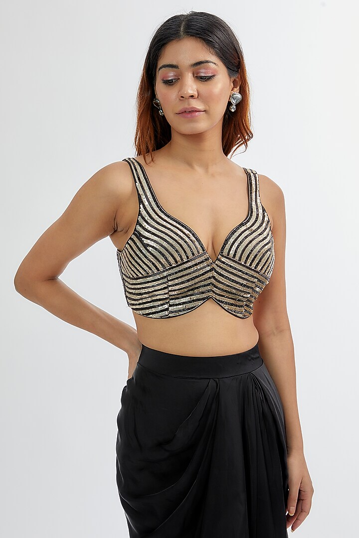 Black Upada & Silk Satin Skirt Set by Rashi Kapoor at Pernia's Pop Up Shop