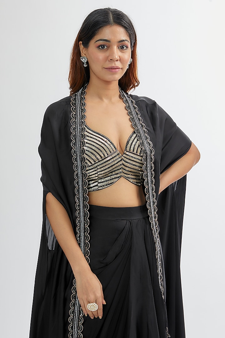 Black Upada & Silk Satin Skirt Set by Rashi Kapoor at Pernia's Pop Up Shop