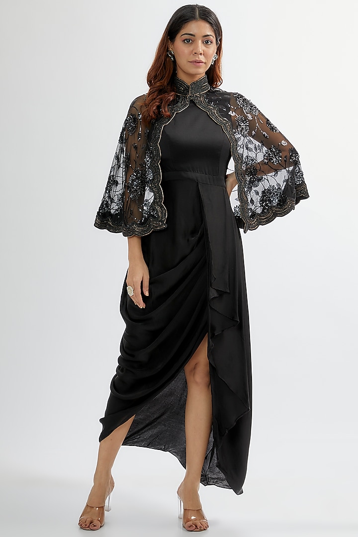Black Silk Satin & Net Gown With Cape by Rashi Kapoor