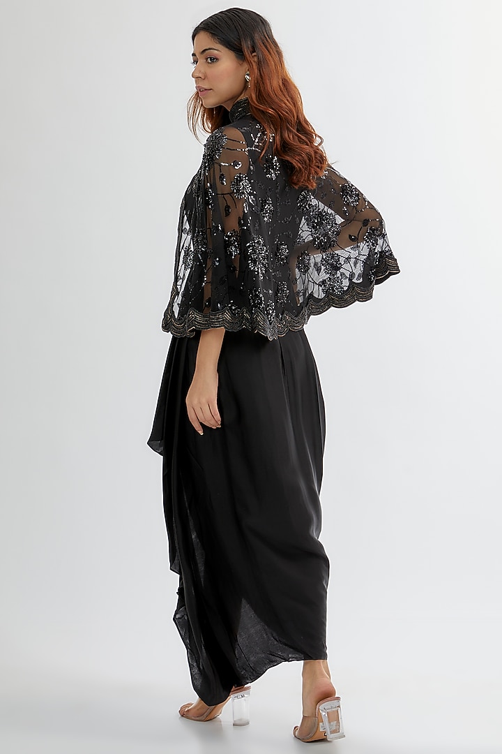 Black Silk Satin & Net Engagement Gown With Cape by Rashi Kapoor at Pernia's Pop Up Shop