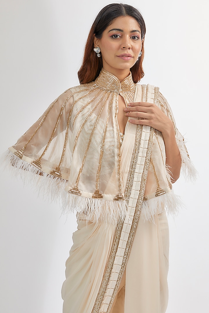 Ivory Upada & Georgette Jacket Reception Saree Set by Rashi Kapoor at Pernia's Pop Up Shop