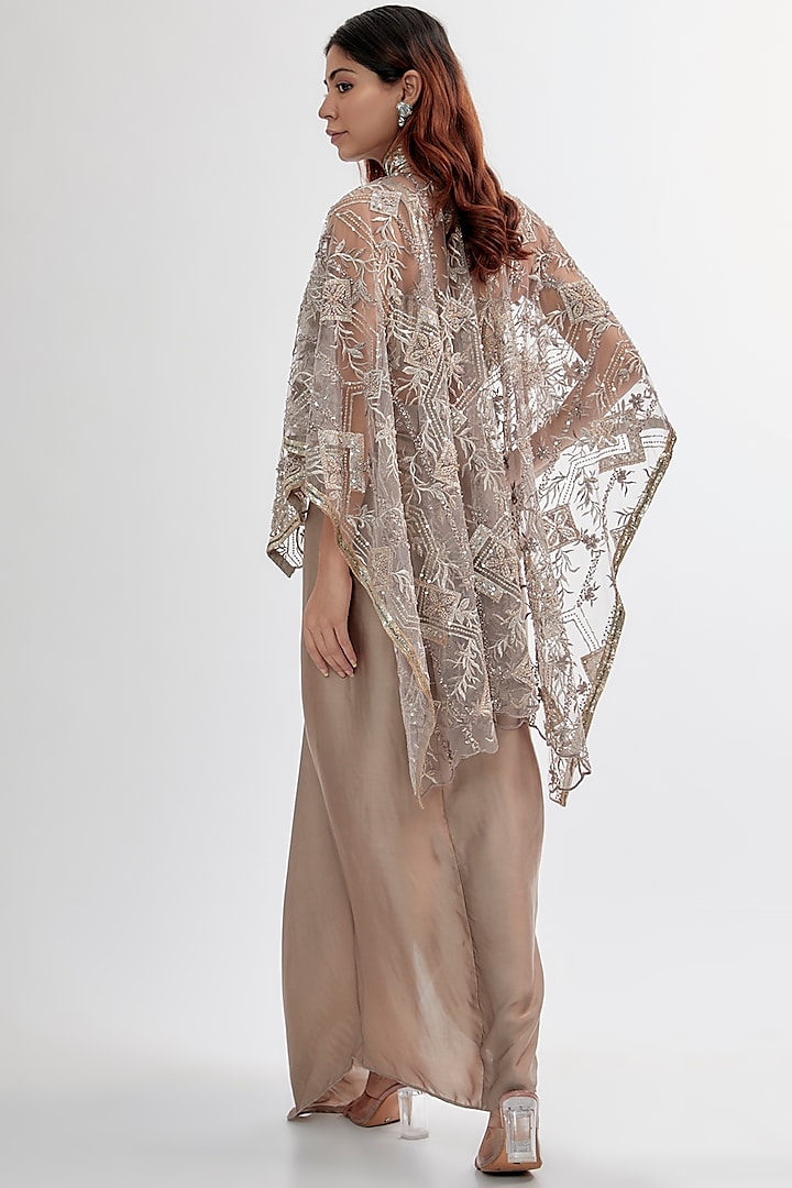 Ash Grey Silk Satin & Upada Draped Skirt Set by Rashi Kapoor at Pernia's Pop Up Shop
