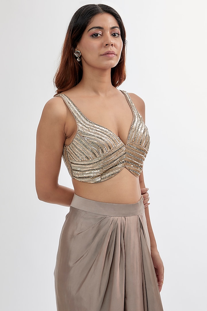 Ash Grey Silk Satin & Upada Draped Skirt Set by Rashi Kapoor at Pernia's Pop Up Shop