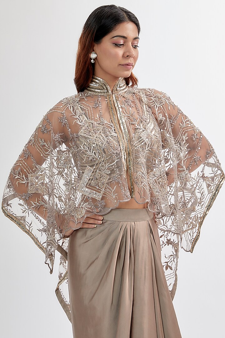 Ash Grey Silk Satin & Upada Draped Skirt Set by Rashi Kapoor at Pernia's Pop Up Shop