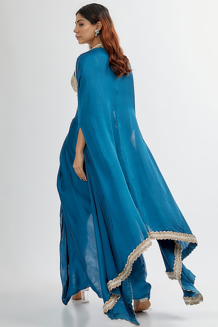 Teal Upada & Silk Satin Cape Set by Rashi Kapoor at Pernia's Pop Up Shop