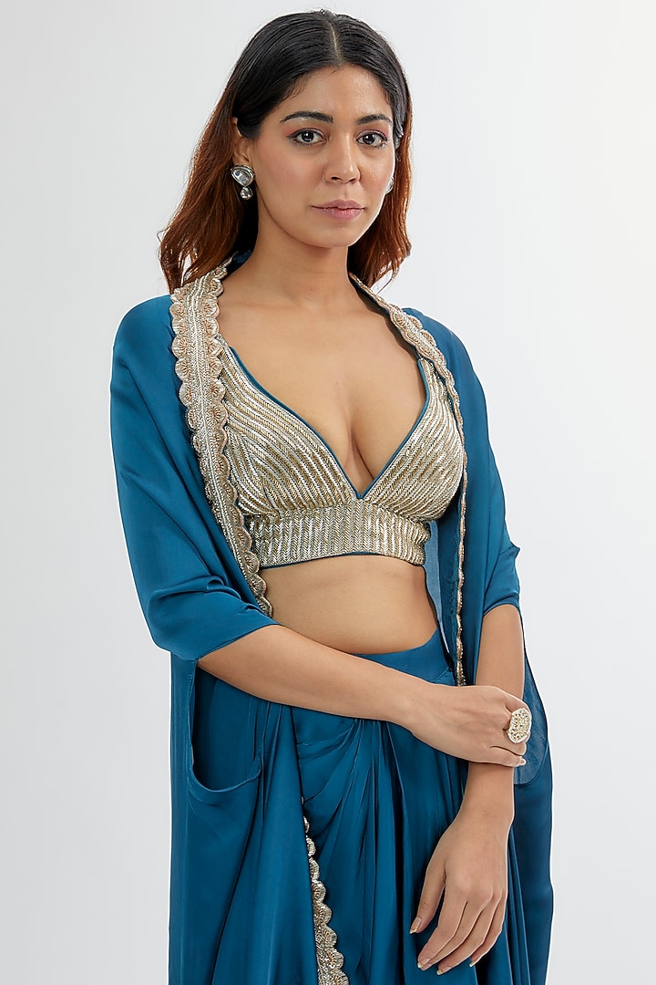 Teal Upada & Silk Satin Cape Set by Rashi Kapoor at Pernia's Pop Up Shop