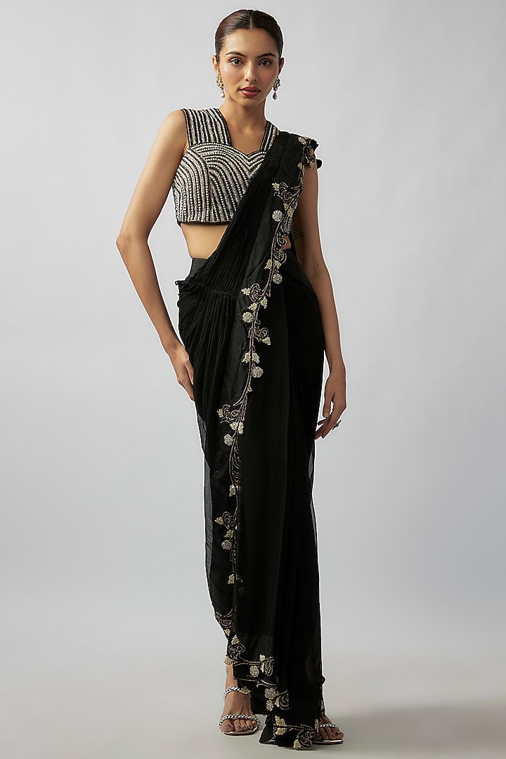 Black Silk Embroidered Draped Pant Saree Set by Rashi Kapoor