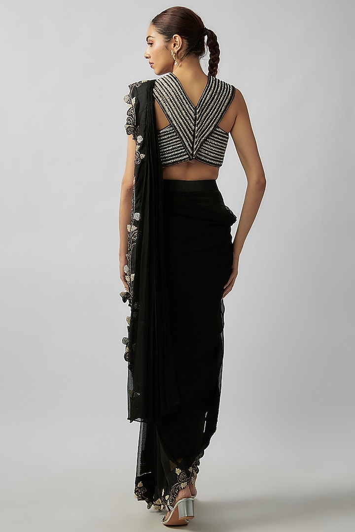 Black Silk Embroidered Draped Pant Reception Saree Set by Rashi Kapoor at Pernia's Pop Up Shop