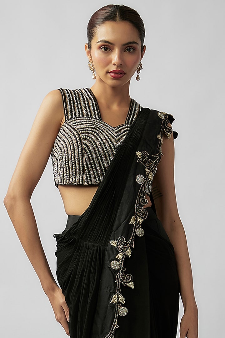 Black Silk Embroidered Draped Pant Reception Saree Set by Rashi Kapoor at Pernia's Pop Up Shop