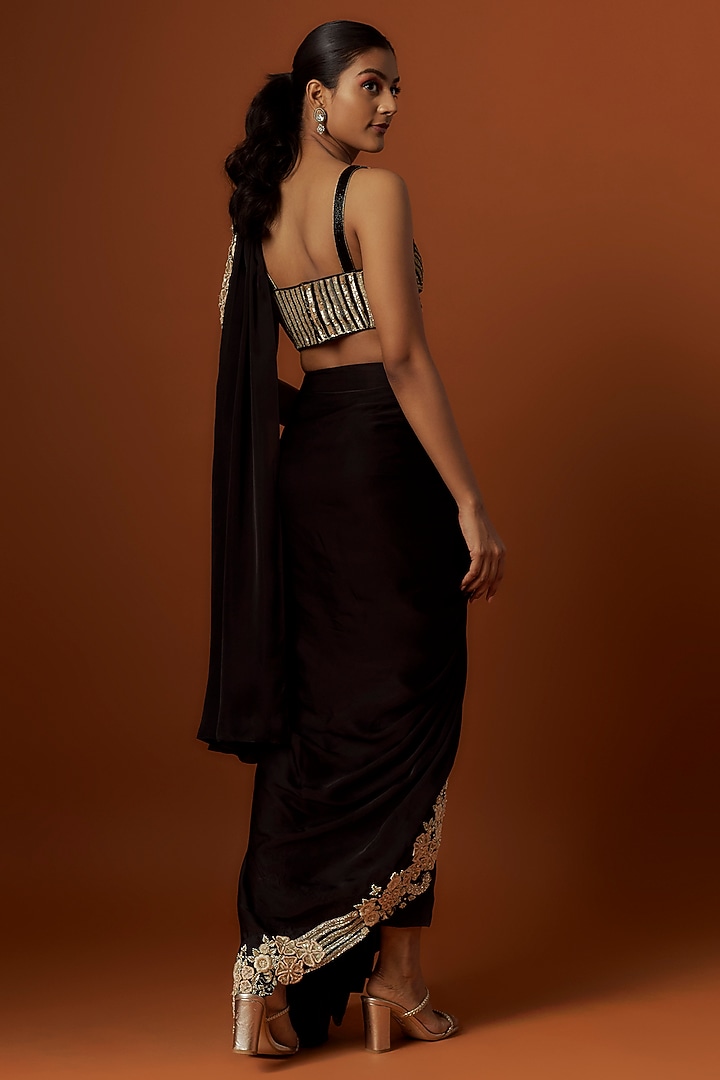 Black Satin & Silk Pant Reception Saree Set by Rashi Kapoor at Pernia's Pop Up Shop