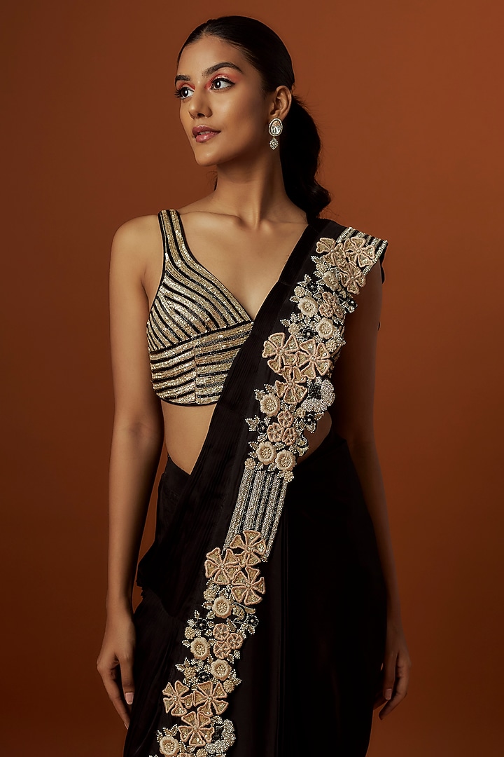 Black Satin & Silk Pant Reception Saree Set by Rashi Kapoor at Pernia's Pop Up Shop