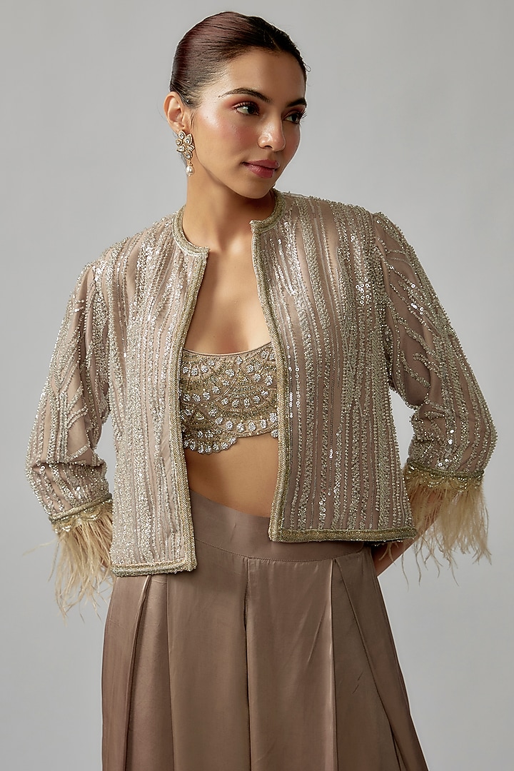 Grey Net Embroidered Jacket Set by Rashi Kapoor at Pernia's Pop Up Shop