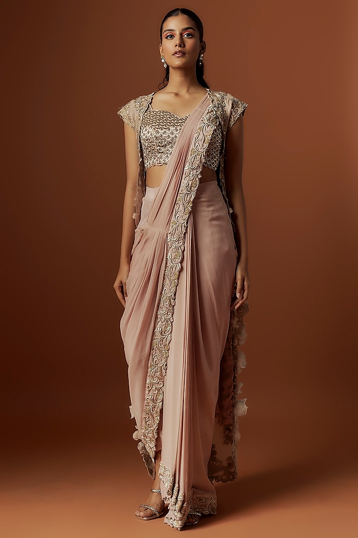 Pink Satin & Silk Pant Saree Set by Rashi Kapoor