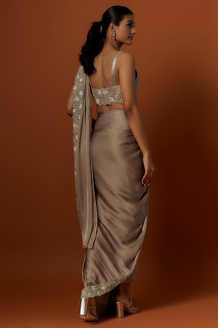 Grey Satin & Silk Pant Saree Set by Rashi Kapoor at Pernia's Pop Up Shop