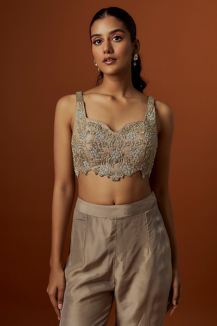 Grey Satin & Silk Pant Saree Set by Rashi Kapoor at Pernia's Pop Up Shop