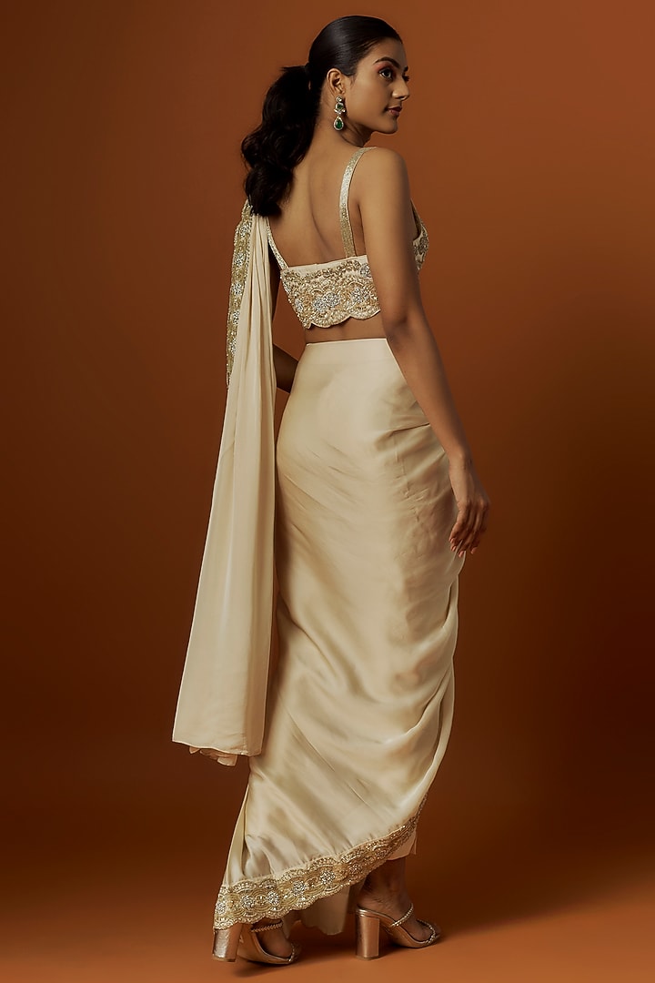 Ivory Satin & Silk Pant Reception Saree Set by Rashi Kapoor at Pernia's Pop Up Shop