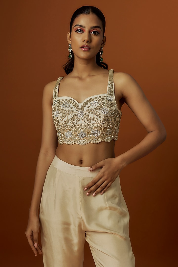 Ivory Satin & Silk Pant Reception Saree Set by Rashi Kapoor at Pernia's Pop Up Shop