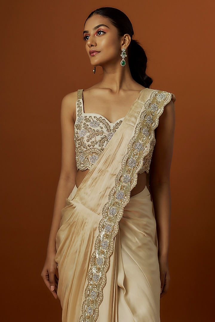 Ivory Satin & Silk Pant Reception Saree Set by Rashi Kapoor at Pernia's Pop Up Shop