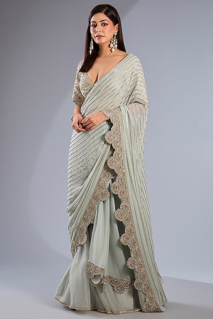 Powder Blue Organza Sharara Pant Bridal Saree Set by Rashi Kapoor at Pernia's Pop Up Shop